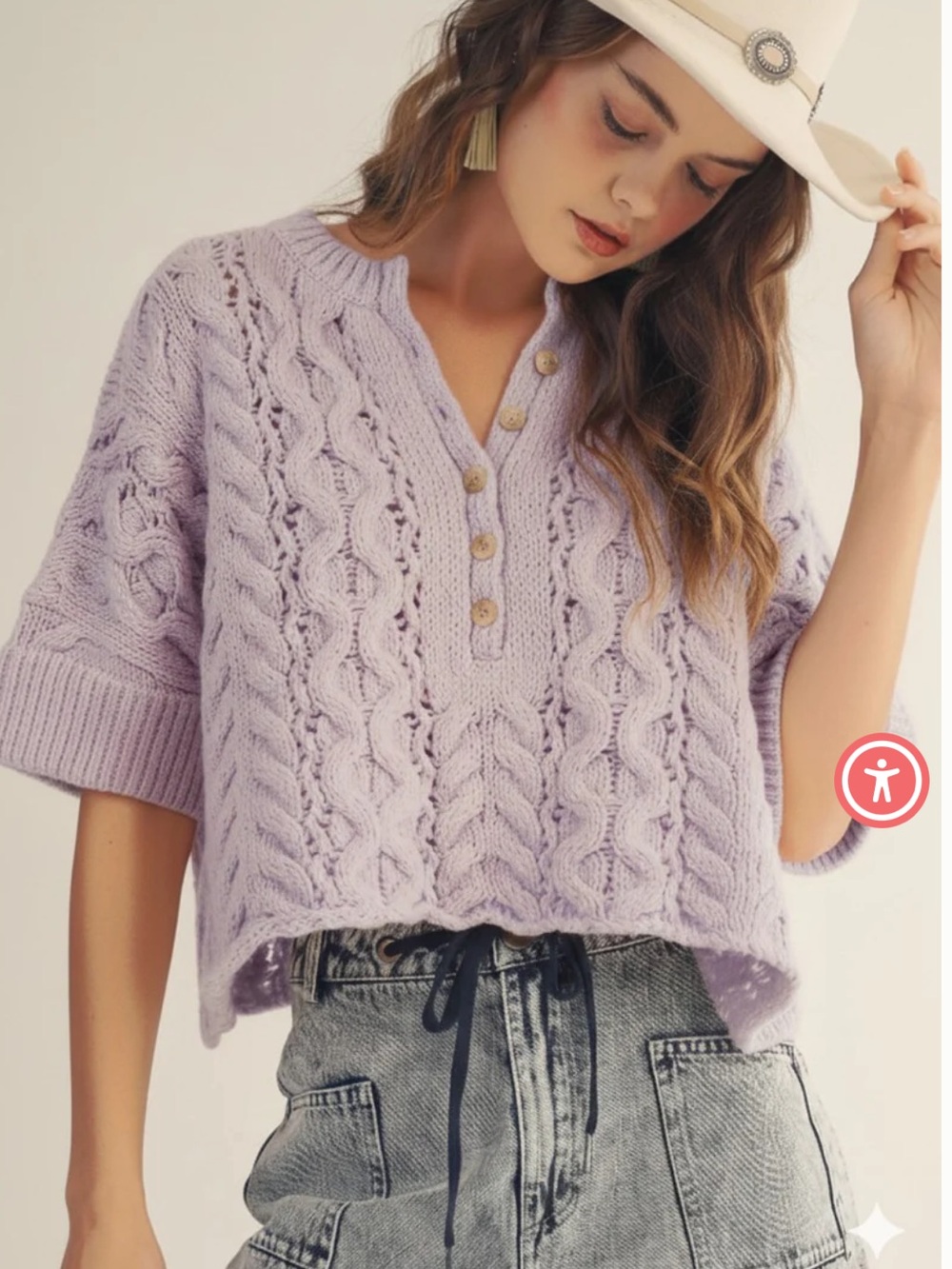 Lilac Cable Knit Short-Sleeve Sweater